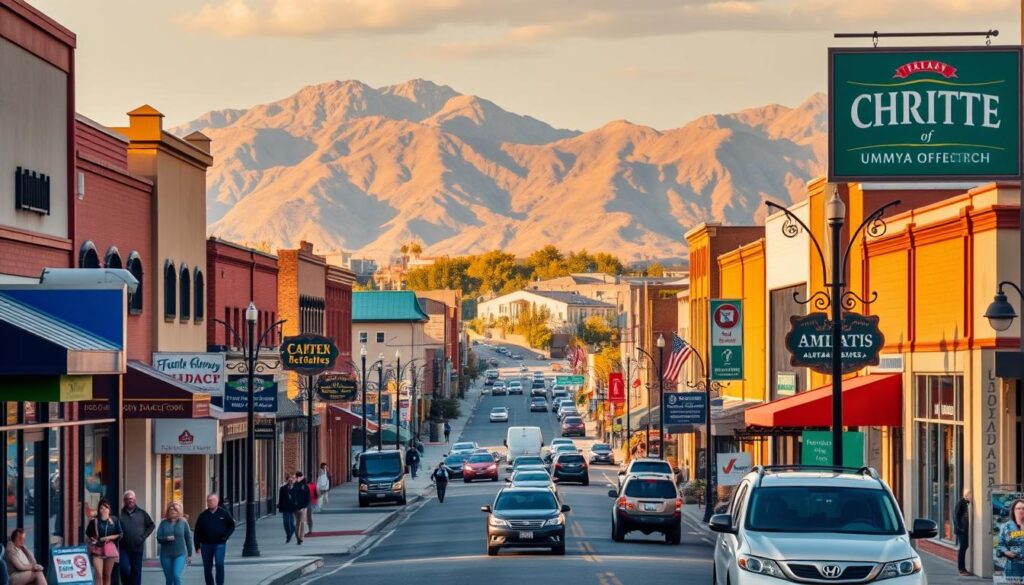 A bustling street in downtown Nampa, ID, captured in a wide-angle lens. The foreground features local businesses, their vibrant storefronts and signage showcasing the unique character of the community. In the middle ground, pedestrians and vehicles navigate the lively urban landscape, conveying a sense of energy and activity. The background is framed by iconic regional architecture, with towering mountains visible in the distance, bathed in warm, golden afternoon light. The overall scene exudes a welcoming, small-town charm, reflecting the digital presence and SEO opportunities that local Nampa businesses can leverage to thrive in the modern era.