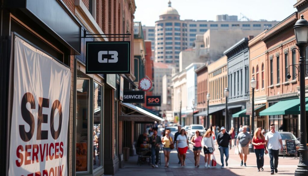 A bustling street in downtown Peoria, IL, on a sunny afternoon. The foreground features signage for local businesses, including a prominent "SEO Services" storefront. In the middle ground, people are walking along the sidewalk, interacting with the shops and restaurants. The background showcases the distinctive architecture of the historic district, with a blend of modern and traditional buildings. The scene is well-lit, with natural sunlight casting warm shadows and highlights across the scene. The overall mood is vibrant and inviting, conveying the sense of a thriving local community.