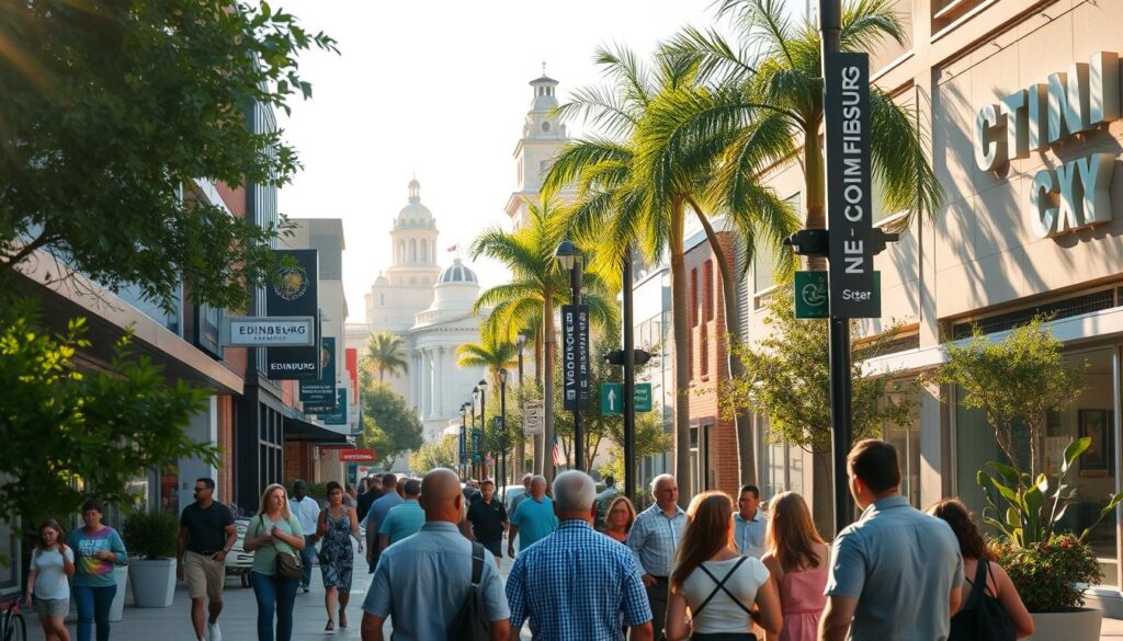 A bustling street in the heart of Edinburg, TX, with vibrant storefronts and lush greenery lining the sidewalks. Sunlight filters through the trees, casting a warm glow on the scene. In the foreground, a group of locals engage in lively conversation, reflecting the close-knit community. In the middle ground, modern office buildings and sleek, well-designed signage showcase the thriving local businesses. The background features the iconic landmarks of Edinburg, including the historic courthouse and towering palm trees, creating a distinct sense of place. The overall atmosphere conveys a thriving, well-connected digital landscape where businesses can thrive.
