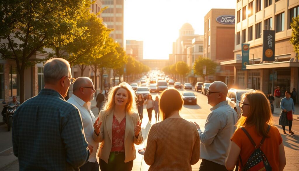 A bustling street scene in downtown Evansville, Indiana, with the iconic Ford Center visible in the background. In the foreground, a group of local business owners discussing digital marketing strategies, gesturing animatedly. Warm afternoon sunlight filters through the trees, casting a golden glow over the scene. In the middle ground, pedestrians and vehicles move along the sidewalks and roads, reflecting the vibrant, thriving nature of the city's commercial district. The overall atmosphere conveys a sense of collaborative energy and strategic focus, perfectly capturing the essence of effective local SEO for Evansville businesses.