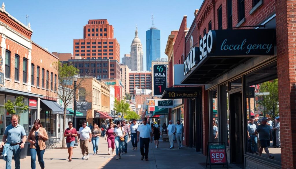A bustling street scene in downtown Tyler, TX, captured on a sunny afternoon. In the foreground, a vibrant local SEO agency stands out, its storefront adorned with a sleek, modern design and signage. Passersby stroll along the sidewalk, some glancing at their smartphones, showcasing the importance of digital presence for businesses in this thriving community. The middle ground features a mix of local shops, restaurants, and professional offices, all contributing to the unique character of Tyler's commercial district. In the background, the iconic Tyler skyline rises, with a blend of historic and contemporary architecture, conveying the city's blend of tradition and progress. Crisp, high-contrast lighting and a wide-angle lens capture the energy and vitality of this SEO-focused hub.