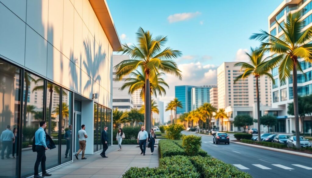 A bustling urban landscape in Davie, FL, showcasing the vibrant SEO services industry. In the foreground, a modern office building with sleek, minimalist architecture and large windows reflecting the bright Florida sun. In the middle ground, people can be seen entering and exiting the building, representing the active SEO professionals at work. The background features a mix of palm trees, well-manicured landscaping, and other commercial buildings, conveying the thriving, professional atmosphere of the Davie community. The scene is illuminated by natural, warm lighting, creating a welcoming and productive ambiance. The overall composition captures the essence of high-quality SEO services available in Davie, FL.