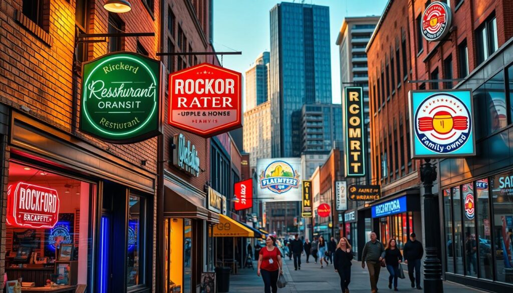 A bustling urban landscape in Rockford, Illinois, showcasing the local businesses and their unique signage. In the foreground, a quaint, well-lit storefront with a bold, neon sign advertising a family-owned restaurant. Surrounding it, other storefronts and buildings with vibrant, eye-catching branding and logos that draw the viewer's attention. In the middle ground, pedestrians stroll along the sidewalk, interacting with the businesses. The background features the iconic architecture of Rockford, with a blend of modern and historic structures. The lighting is a warm, golden hue, creating a welcoming and inviting atmosphere. The scene is captured through a wide-angle lens, emphasizing the depth and breadth of the local business community.