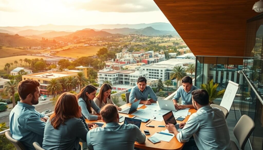 A bustling urban landscape in Simi Valley, CA, where digital experts in search engine optimization (SEO) gather to share their expertise. In the foreground, a team of professionals huddled around a conference table, laptops open and whiteboards filled with insights. The middle ground showcases the vibrant, modern architecture of local tech hubs, conveying a sense of innovation and collaboration. In the background, the rolling hills and lush greenery of the Simi Valley region create a picturesque backdrop, hinting at the natural beauty that complements the digital prowess of the area's SEO experts. Soft, directional lighting illuminates the scene, casting a warm, productive glow over the proceedings. The camera angle is slightly elevated, providing a bird's-eye view that captures the interconnectedness of the digital landscape and the physical environment. The overall mood is one of focus, innovation, and a deep understanding of the local market's unique SEO needs.