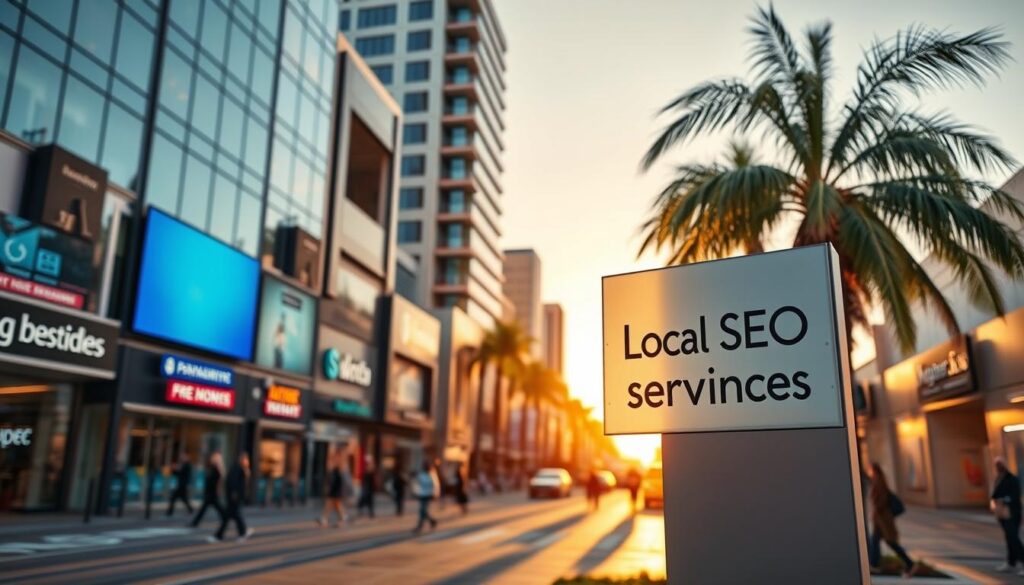 A bustling urban landscape in Torrance, CA, featuring modern office buildings, digital screens, and people navigating the vibrant streets. The scene is bathed in warm, golden-hour lighting, casting long shadows and creating a sense of energy and productivity. In the foreground, a sleek, minimalist sign for "Local SEO Services" stands prominently, highlighting the digital marketing expertise available to local businesses. The middle ground showcases the diverse array of shops, restaurants, and service providers that make up the thriving commercial district. In the background, the iconic California palm trees sway gently, reinforcing the region's distinctive character. The overall atmosphere conveys the dynamic, technology-driven nature of the local business environment.