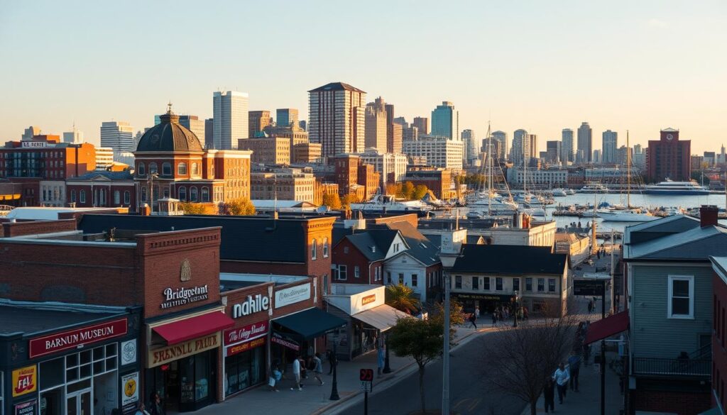 A bustling urban landscape of Bridgeport, Connecticut, captured in a vibrant, cinematic style. In the foreground, a thriving small business district with diverse storefronts and lively pedestrian traffic. The middle ground features iconic landmarks like the historic Barnum Museum and the Bridgeport Harbor, with boats gently bobbing in the water. The background is framed by the city's skyline, a mix of modern high-rises and quaint historic buildings, all bathed in warm, golden hour lighting. The overall scene conveys the energy, character, and commercial potential of Bridgeport's local business community.