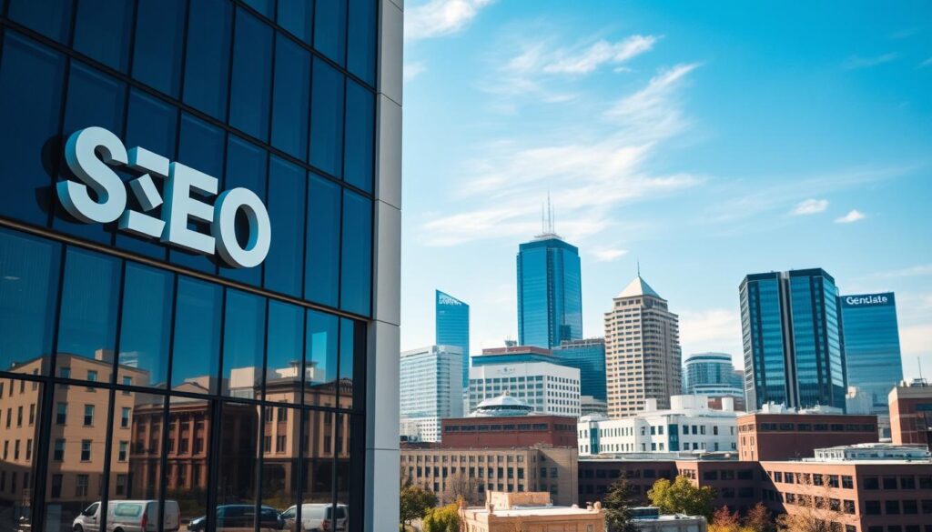 A bustling urban landscape, the Rochester, MN skyline rises against a vibrant blue sky. In the foreground, a modern, minimalist office building showcases the signage of a thriving SEO company, its sleek design and clean lines reflecting the precision and innovation of its digital services. Employees can be seen through the large windows, collaborating at their desks or meeting in bright, airy conference rooms. The scene is bathed in warm, natural lighting, captured through a wide-angle lens that emphasizes the dynamic energy of this digital hub, where the latest SEO strategies and techniques are brought to life for the benefit of local businesses.