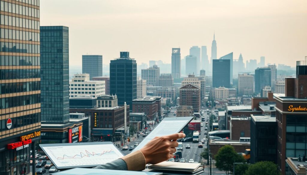 A bustling urban landscape, the streets of Syracuse, New York, come alive with the challenges of local SEO. In the foreground, a small business owner scrutinizes their website analytics, surrounded by a maze of digital devices and platforms. The middle ground depicts the cityscape, with towering office buildings and storefronts, each vying for online visibility. In the background, a hazy silhouette of the iconic Syracuse skyline, a metaphor for the digital obstacles that loom large for local enterprises. Soft, diffused lighting casts a contemplative mood, as the business owner navigates the complexities of modern marketing in this dynamic, ever-evolving city.