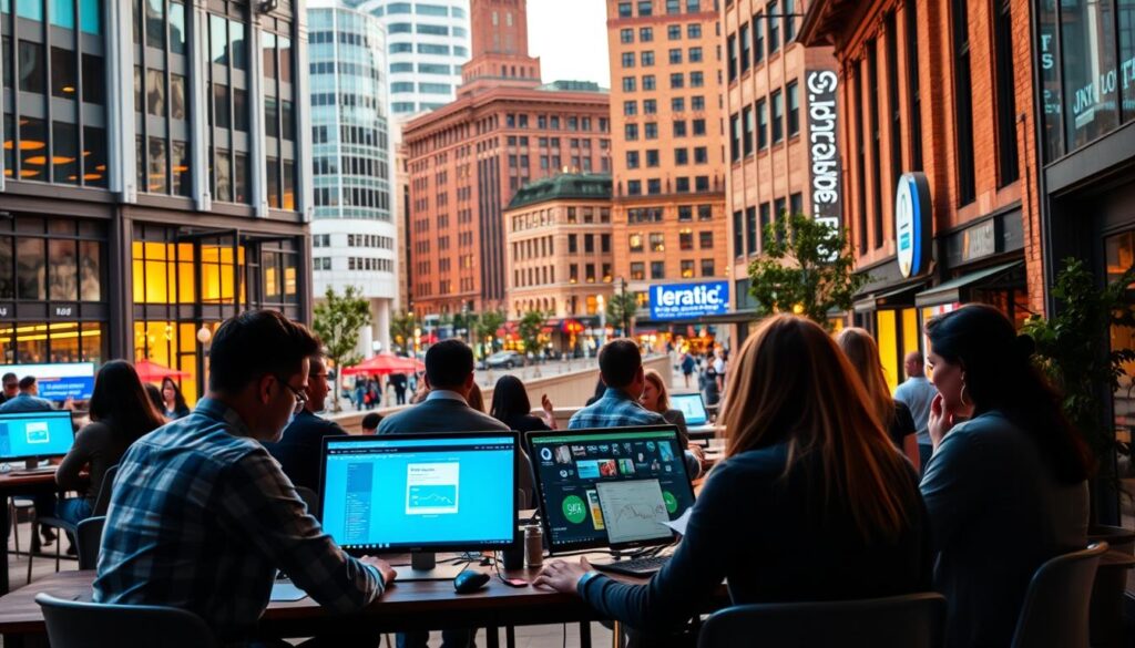 A bustling urban scene in Athens, GA, showcasing the digital marketing expertise of local SEO experts. In the foreground, a group of professionals collaborate at a modern co-working space, their screens illuminated by warm, natural lighting. In the middle ground, the iconic architecture of downtown Athens creates a vibrant backdrop, with sleek office buildings and trendy cafes. The background is filled with a sense of energy and progress, capturing the dynamic nature of the local digital marketing landscape. The overall atmosphere conveys a blend of creativity, innovation, and collaborative success.