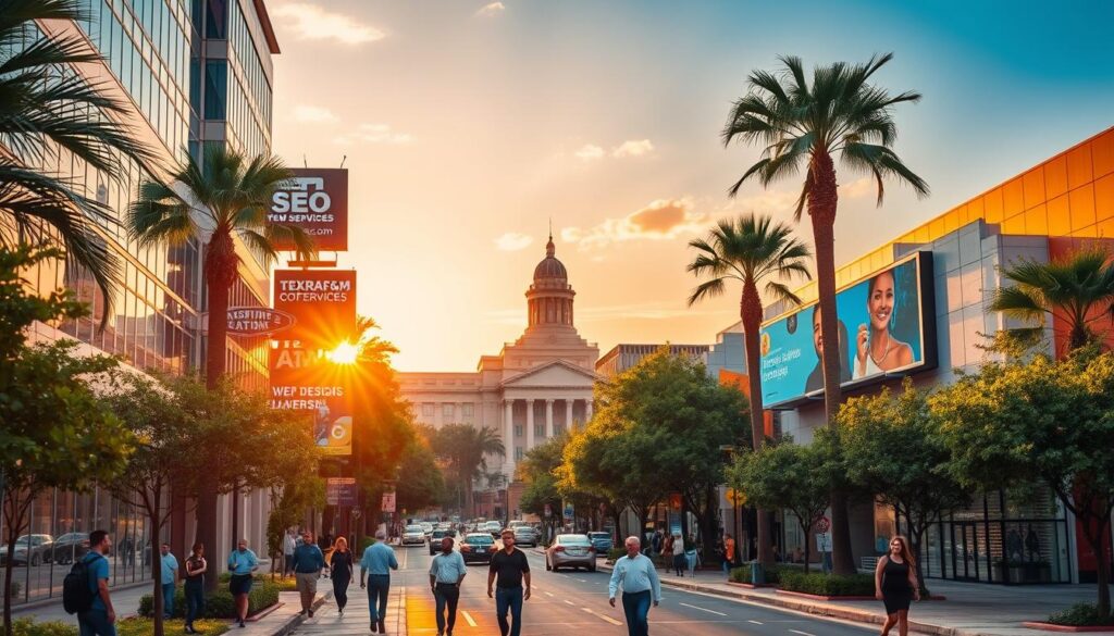 A bustling urban scene in College Station, TX showcasing the local digital marketing landscape. In the foreground, a vibrant street with modern office buildings, coworking spaces, and tech startups. Lush greenery and palm trees frame the scene, creating a lively, progressive atmosphere. Pedestrians and professionals navigate the sidewalks, embodying the energy of a thriving business community. In the middle ground, billboards and digital screens display local SEO services, web design, and online advertising offerings. The background features the iconic Texas A&M University campus, a prominent landmark symbolizing the academic and intellectual core of the city. Warm, golden hour lighting casts a dynamic glow across the entire composition, capturing the optimism and innovation of College Station's digital marketing ecosystem.