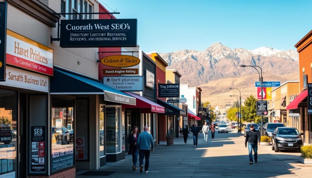 A bustling urban scene in West Jordan, Utah, showcasing local businesses and their strategies for effective search engine optimization. In the foreground, a vibrant storefront with signage and window displays draws the eye, while people stroll along the sidewalk. The middle ground features a mix of small shops, restaurants, and professional services, each with carefully crafted local SEO tactics visible, such as directory listings, reviews, and social media integration. In the background, the Wasatch Range mountains provide a picturesque backdrop, emphasizing the importance of geographically-relevant SEO for West Jordan enterprises. The image is bathed in warm, natural lighting, capturing the energy and entrepreneurial spirit of the community.
