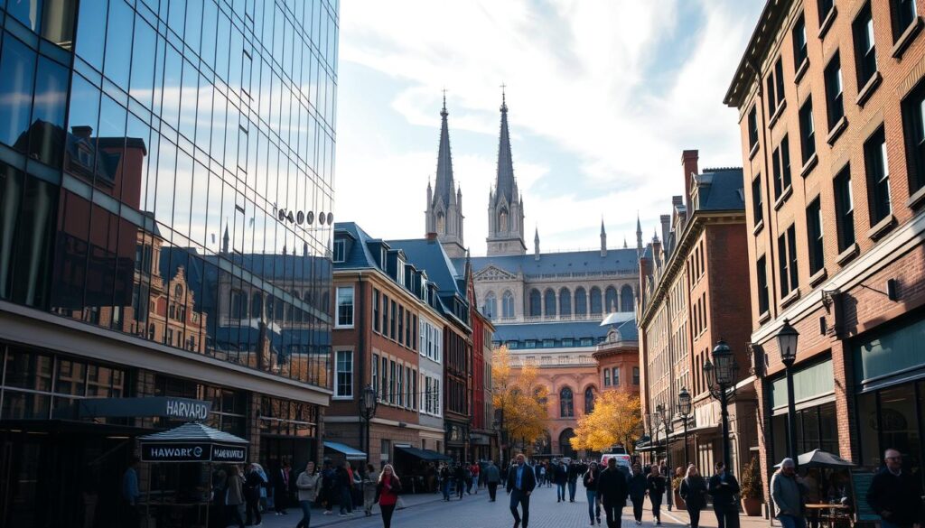 A bustling urban scene of the Cambridge Digital Marketplace, a vibrant hub of tech startups and digital innovation. In the foreground, sleek modern office buildings with floor-to-ceiling windows reflect the crisp autumn sky. In the middle ground, pedestrians briskly navigate the brick-paved walkways, passing by stylish cafes and co-working spaces. The background is dominated by the iconic spires and turrets of historic Harvard University, conveying a sense of timeless tradition juxtaposed with forward-looking progress. Warm afternoon sunlight filters through wispy clouds, casting a soft glow over the entire scene. The overall atmosphere exudes a dynamic blend of entrepreneurial energy, intellectual curiosity, and technological prowess.