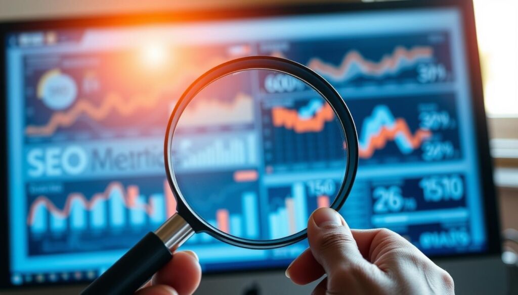A close-up shot of a hand holding a magnifying glass over a desktop computer, illuminated by warm, natural lighting from a nearby window. The computer screen displays various SEO metrics and analytics, showcasing the key performance indicators for a successful SEO campaign. The background is blurred, creating a sense of focus on the data being analyzed. The overall mood is one of diligence and concentration, reflecting the careful measurement and optimization of a Billings business's online presence.