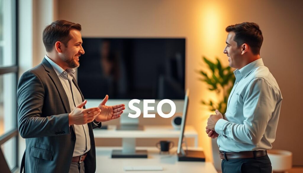 A close-up shot of two friendly-looking SEO experts from Elk Grove, California, standing in a modern office setting. The foreground features the experts dressed in professional attire, engaged in a lively discussion while gesturing animatedly. The middle ground showcases a sleek, minimalist workspace with a large computer monitor, desk accessories, and a large potted plant adding a touch of greenery. The background subtly blurs out, revealing a warm, ambient lighting that creates a cozy, productive atmosphere. The overall mood conveys a sense of expertise, collaboration, and a commitment to driving online success for Elk Grove-based businesses.