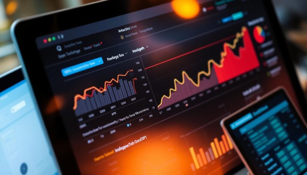 A close-up view of a computer screen displaying an analytics dashboard with charts, graphs, and KPIs showcasing gradual yet steady improvements in various SEO metrics over time. The dashboard is illuminated by warm, directional lighting, casting subtle shadows and highlights that add depth and dimension. The interface is sleek and modern, with a clean and uncluttered layout that emphasizes the data visualization. The background is slightly blurred, keeping the focus on the analytical insights and the story they tell about the success of the SEO campaign.