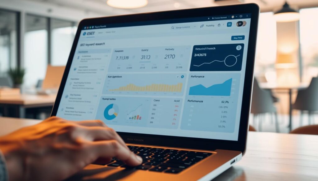 A close-up view of a laptop screen displaying a comprehensive SEO keyword research dashboard. The screen is illuminated by a warm, soft light, casting a cozy, focused atmosphere. In the foreground, a hand hovers over the keyboard, highlighting the collaborative nature of the task. The middle ground features a clean, organized interface with various analytics charts, keyword suggestions, and performance metrics. In the background, a blurred office environment suggests a professional, productive setting. The overall composition conveys the importance of thorough, data-driven SEO keyword research for optimizing a business's online presence.