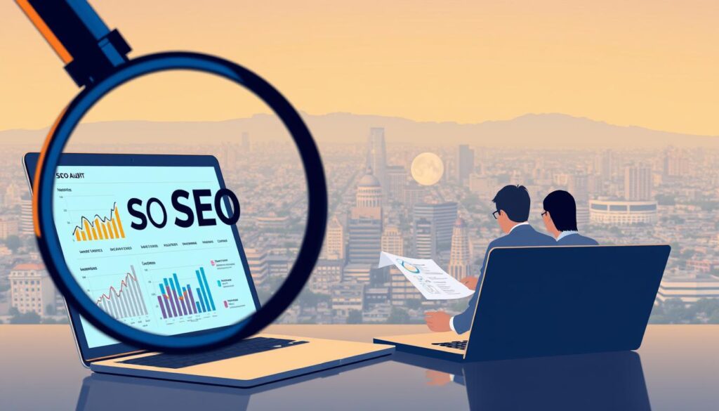 A comprehensive SEO audit process, captured in a digital illustration. In the foreground, a magnifying glass hovers over a laptop screen, highlighting key SEO metrics and insights. In the middle ground, a team of digital analysts pore over reports and strategize, surrounded by a maze of data visualizations. In the background, a cityscape of Oxnard, CA frames the scene, conveying the local focus of the audit. Warm lighting casts a sense of diligence and professionalism, while the clean, minimalist style emphasizes the analytical nature of the process. The overall composition conveys the thorough, data-driven approach of a comprehensive SEO audit.
