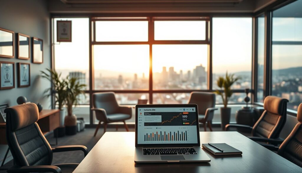 A cozy, modern office setting showcasing a professional SEO consultation. In the foreground, a desk with a laptop displays website analytics and SEO strategies. Behind it, a large window offers a scenic view of the Fremont cityscape, bathed in warm, natural lighting. On the walls, framed certifications and awards highlight the expertise of the SEO specialists. Ergonomic chairs and minimalist decor create an inviting, collaborative atmosphere, conveying the personalized, tailored nature of the free SEO consultation service.