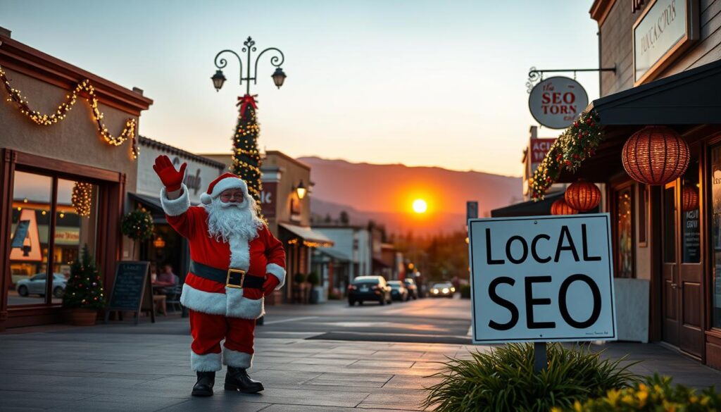 A cozy, small-town scene of Santa Maria, California, captured through the lens of a wide-angle camera. In the foreground, a jolly Santa Claus figure stands on the sidewalk, holding a "Local SEO" sign and waving to passersby. The middle ground features charming local storefronts, their facades adorned with twinkling holiday lights and festive decorations. In the background, the rolling hills of the Central Coast region create a picturesque landscape, bathed in the warm glow of a setting sun. The overall atmosphere conveys a sense of community, small-town pride, and the value of optimizing local search engine visibility for businesses in this vibrant California town.