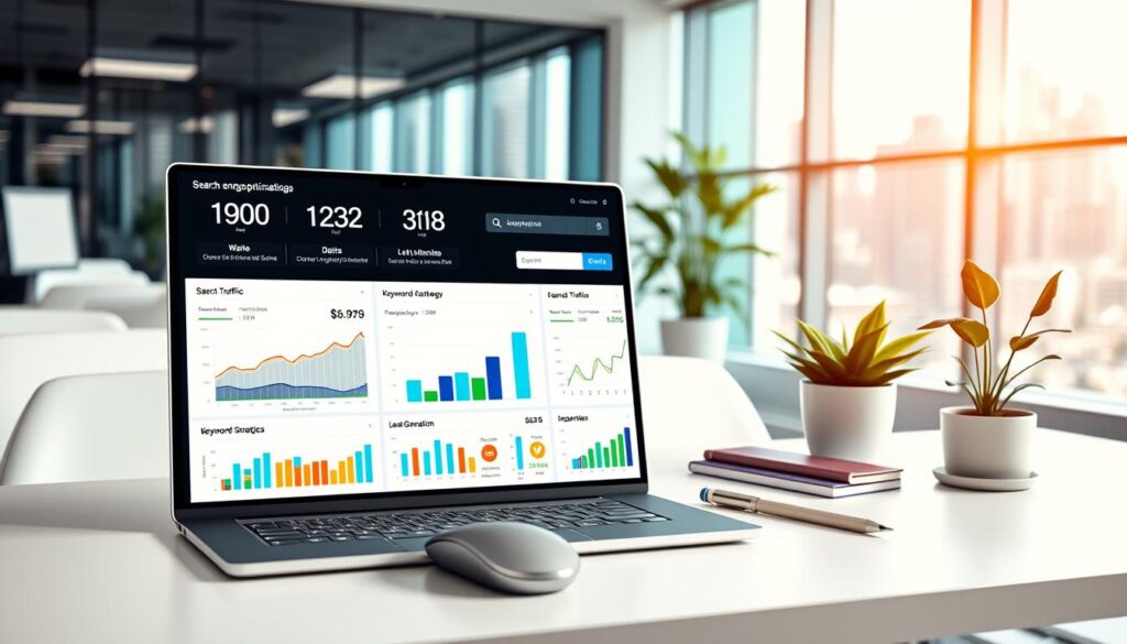A data-driven dashboard displaying performance metrics for search engine optimization (SEO) strategies. In the foreground, a laptop screen showcases vibrant charts and graphs tracking website traffic, keyword rankings, and lead generation. The middle ground features a clean, minimalist desk setup with a wireless mouse, stylish office supplies, and a potted plant adding a touch of nature. The background evokes a modern, well-lit workspace with sleek, contemporary furniture and large windows overlooking a bustling city skyline. The overall scene conveys a sense of productivity, analytical rigor, and digital marketing success.