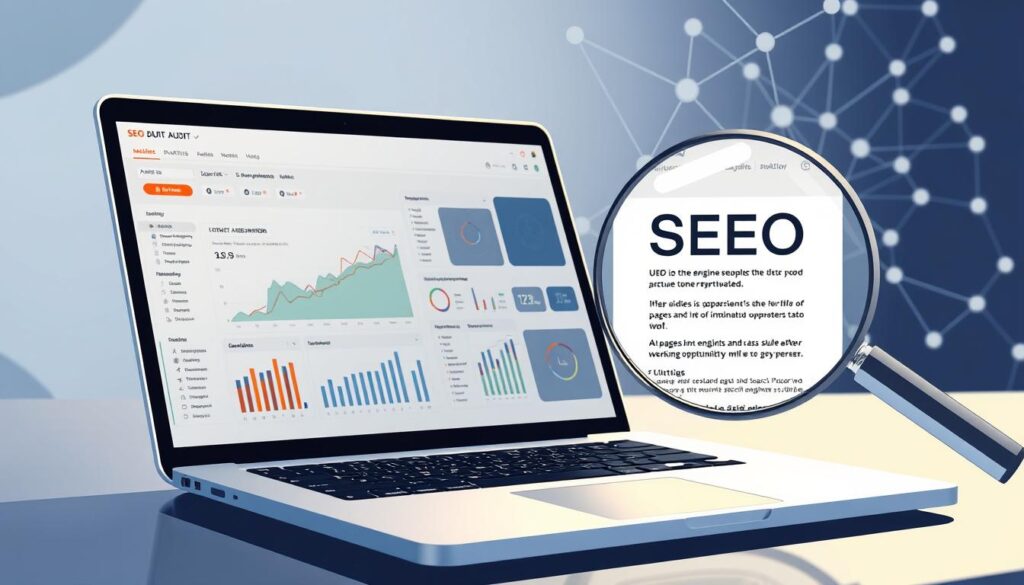 A detailed, technical illustration of the SEO audit process. In the foreground, a sleek laptop displays a comprehensive analytics dashboard, showcasing website traffic, keyword rankings, and technical issues. In the middle ground, a magnifying glass examines individual web pages, highlighting on-page optimization opportunities. In the background, a network of interconnected data points, representing the complex web of search engine algorithms and ranking factors. The scene is illuminated by a soft, directional light, casting subtle shadows and creating a sense of depth and focus. The overall mood is one of analytical precision and strategic planning, reflecting the methodical approach required for effective search engine optimization.