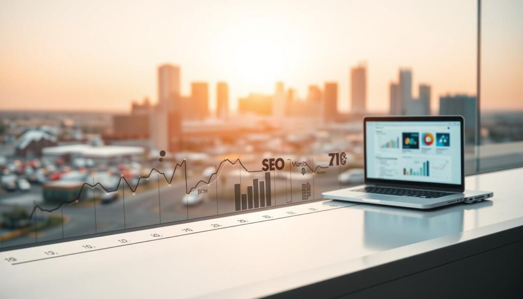 A detailed timeline depicting the progression of SEO results over time. In the foreground, a series of stylized graphs and charts showcasing the growth in organic traffic, search engine rankings, and key performance metrics. In the middle ground, a sleek laptop displaying website analytics, surrounded by icons representing various SEO strategies and techniques. In the background, a cityscape of Broken Arrow, OK, hinting at the local context of the SEO services. The scene is bathed in a warm, golden light, conveying a sense of progress and success. The overall composition is clean, modern, and visually compelling, reflecting the professionalism and expertise of the SEO services offered in Broken Arrow, OK.