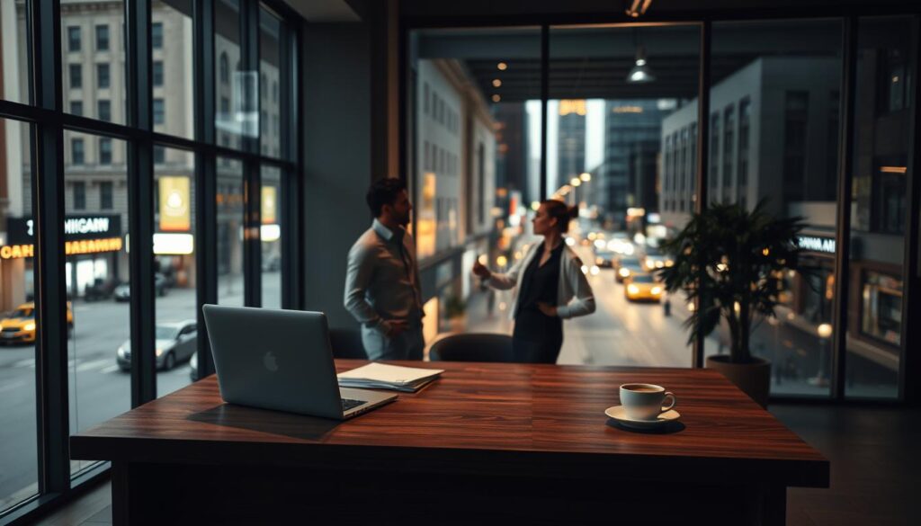 A dimly lit office interior, with a large wooden desk in the foreground. On the desk, a laptop, a few files, and a cup of coffee. In the middle ground, two businesspeople, a man and a woman, are engaged in a focused discussion, their body language conveying a sense of collaboration. The background features floor-to-ceiling windows, offering a view of the bustling streets of Dearborn, Michigan. The lighting is warm and inviting, creating a professional yet cozy atmosphere. The overall scene suggests the process of carefully selecting the right SEO partner to support a local business.