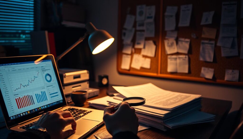 A dimly lit office space, the warm glow of a desk lamp illuminating a workspace filled with notes, laptop, and a magnifying glass. In the foreground, an open laptop displays analytics data, while a hand hovers over a pen, ready to jot down insights. The middle ground features a neatly organized stack of documents, each representing a different aspect of SEO, from keyword research to technical audits. In the background, a corkboard adorned with sticky notes and printouts, conveying the methodical, investigative nature of a comprehensive SEO needs assessment. The overall atmosphere is one of focused analysis, with a touch of contemplation, as the scene suggests the careful examination required to optimize a business's online presence.