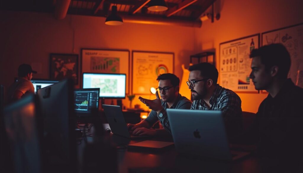 A dimly lit office, where a team of SEO experts intently pore over their laptops, optimizing the Google Map Pack for a local business in Killeen, TX. The scene is bathed in a warm, amber glow, casting a focused, determined atmosphere. In the foreground, a team member gestures animatedly, discussing strategies to boost the client's online visibility and local search rankings. The middle ground features several monitors displaying analytics and maps, while the background showcases a wall of whiteboards covered in notes and diagrams. The overall impression is one of meticulous, collaborative effort to transform the client's digital presence and drive business growth.