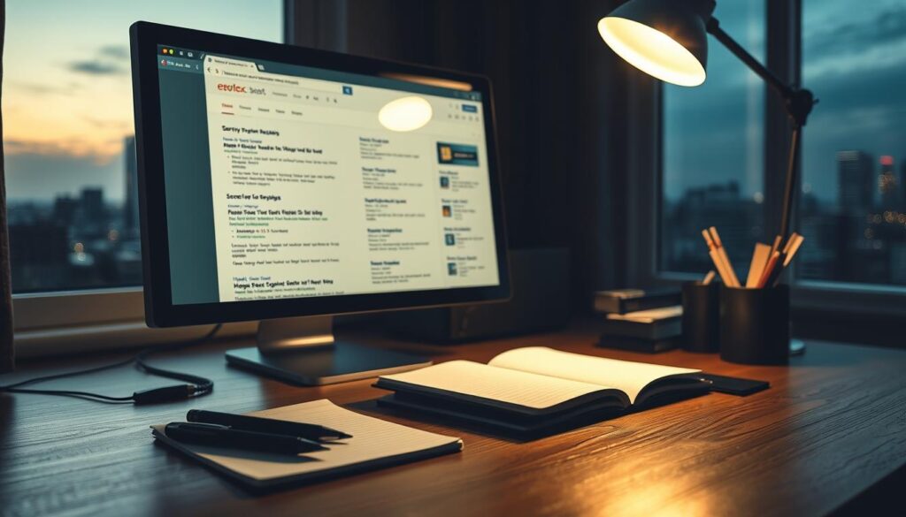 A dimly lit office workspace with a desktop computer, a notebook, and various office supplies on the wooden desk. The screen displays a search engine results page with SEO-related keywords. The background features a city skyline of Lee's Summit, MO, visible through the window. Soft, warm lighting casts a cozy, focused atmosphere. A task lamp illuminates the desk, guiding the viewer's attention to the research materials. The composition emphasizes the importance of thorough keyword research for effective SEO implementation in the local area.
