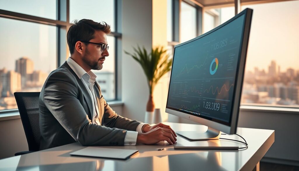 A focused, detail-oriented SEO consultant sits at a sleek, minimalist desk, intently studying data on a large, high-resolution monitor. The workspace is bathed in warm, natural lighting filtering through large windows, creating a serene and productive atmosphere. In the background, a city skyline is visible, hinting at the consultant's expertise in local SEO for the Concord, NC area. The consultant wears a crisp, professional outfit and has a pensive expression, reflecting the thoughtful, analytical nature of their work. The scene conveys a sense of expertise, efficiency, and a commitment to driving tangible results for clients.