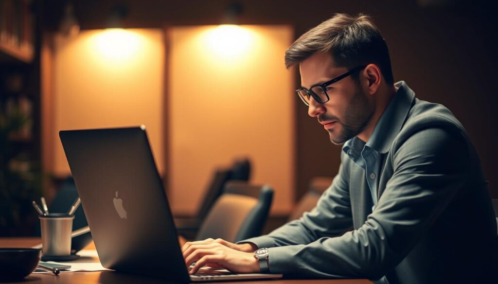 A focused, hard-working SEO expert sits at a laptop, intently analyzing web analytics and strategizing ways to boost Lakewood businesses' online visibility. The scene is illuminated by a warm, focused light, casting shadows that accentuate the expert's concentration. The background is slightly blurred, conveying a sense of professionalism and expertise. The expert's attire is smart casual, projecting an air of competence and authority. The overall mood is one of dedication, problem-solving, and a commitment to driving results for Lakewood-based clients.