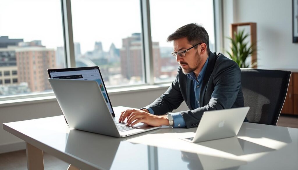 A focused, knowledgeable Bridgeport SEO expert sits at a sleek, modern desk, surrounded by a minimalist office space filled with natural light. They intently study their laptop screen, digital analytics and SEO strategy displayed. On the wall behind them, a large window overlooks the iconic Bridgeport cityscape, with the historic buildings and bridges of the downtown area visible in the distance. The lighting is bright and natural, creating a professional, productive atmosphere. The expert's facial expression conveys deep concentration and expertise as they work to optimize their client's online presence and drive sustainable growth.