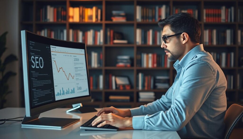 A focused, knowledgeable SEO expert sits at a sleek, minimalist desk, intently studying analytics on a large, high-resolution monitor. Soft, warm lighting illuminates the scene, casting a professional and productive atmosphere. The expert's expression conveys deep thought and concentration, their fingers poised over a modern, wireless keyboard. In the background, bookshelves filled with SEO and digital marketing resources suggest a wealth of expertise. The overall image reflects the value of professional SEO services for a Thousand Oaks business, conveying credibility, insight, and a commitment to driving results.
