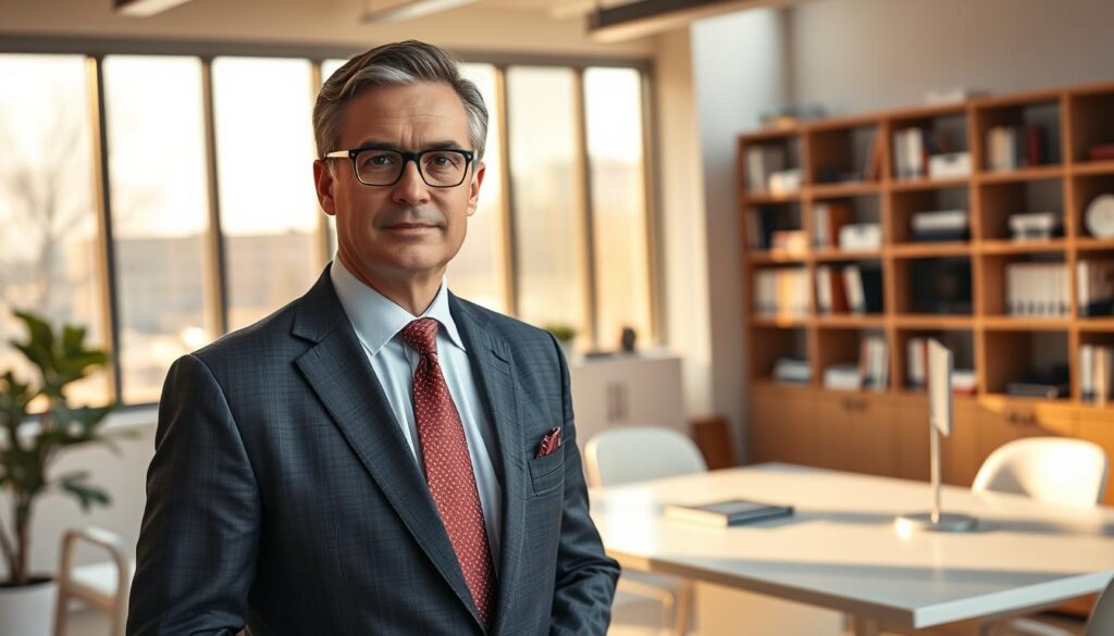 A focused, middle-aged SEO consultant stands confidently in a modern office setting, dressed in a well-tailored suit and tie. Warm, natural lighting filters through large windows, casting a professional, authoritative atmosphere. The consultant's expression conveys expertise and a dedication to helping businesses improve their online visibility. In the background, a sleek, minimalist desk and shelves filled with industry-relevant books and devices suggest a deep understanding of the latest SEO strategies and tools. The overall scene projects an image of a knowledgeable, trustworthy SEO partner capable of delivering impactful results in Greeley, Colorado.