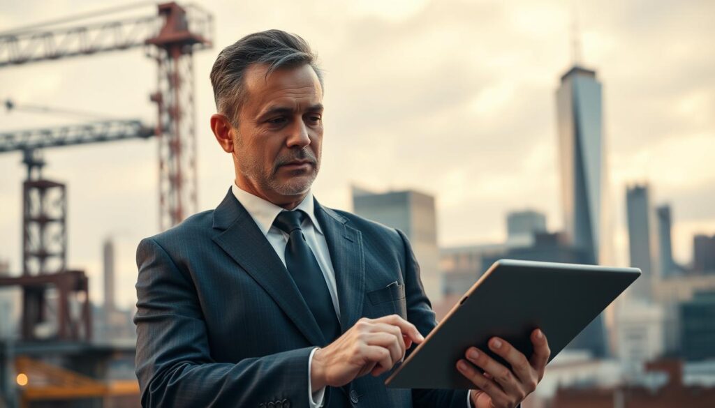 A focused, middle-aged man dressed in a sharp suit, standing confidently against a backdrop of the Paterson skyline. Warm, directional lighting illuminates his thoughtful expression as he contemplates digital analytics on a sleek tablet. The city's industrial architecture and vibrant urban energy create an atmosphere of dynamic professionalism, reflecting the specialized SEO expertise this individual brings to local businesses. Captured with a cinematic, medium-wide angle lens to convey a sense of authority and contextual relevance.