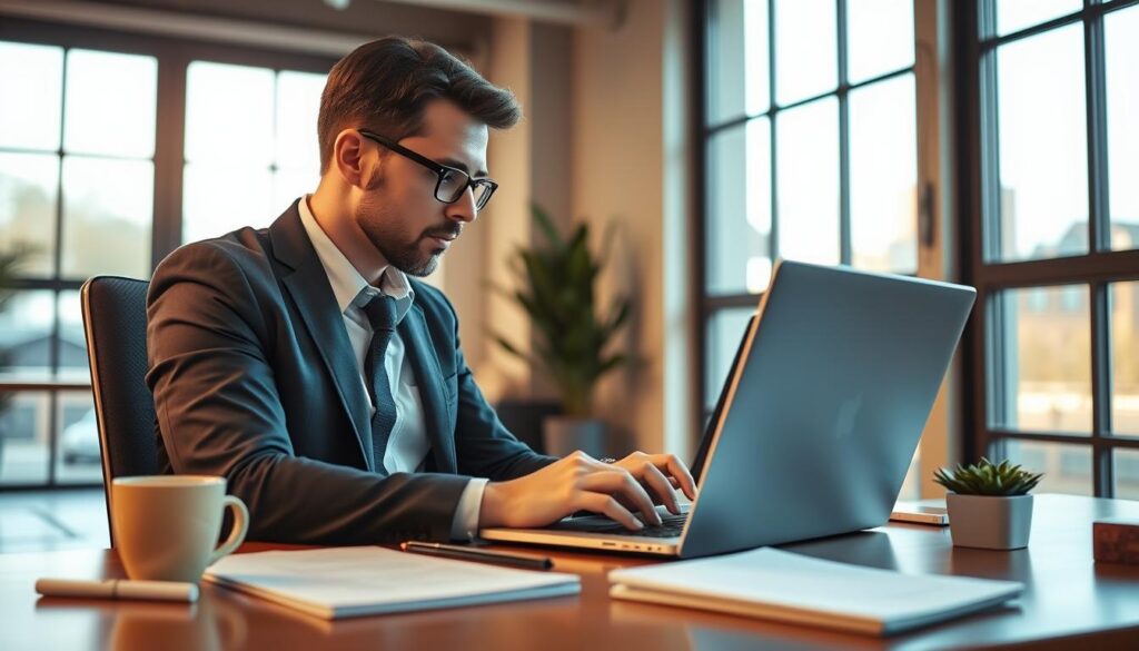 A focused, professional Amarillo SEO expert conducting in-depth keyword research at their desk. A warm, modern office setting with large windows, natural lighting, and minimalist decor. The expert is intently studying data on their laptop screen, surrounded by notes, research materials, and a cup of coffee. The scene conveys a sense of diligence, expertise, and the importance of thorough keyword analysis for effective SEO strategy. The overall mood is one of thoughtful, methodical work in pursuit of digital marketing success.