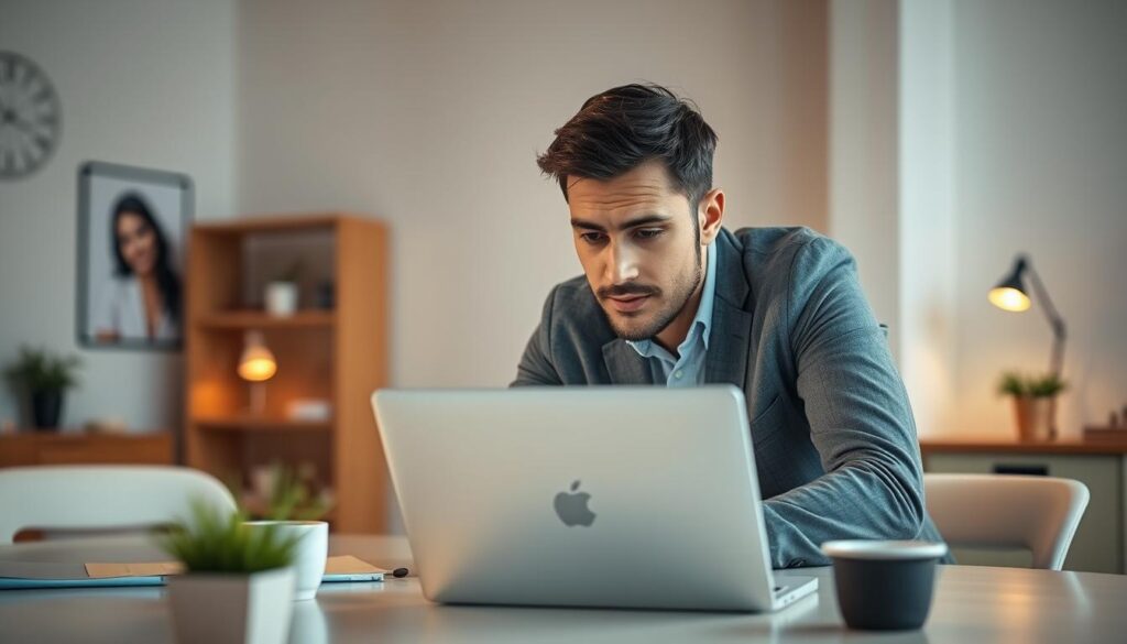 A focused, professional Thousand Oaks SEO consultant working at their desk, surrounded by a minimalist, modern office environment. The consultant is leaning over a laptop, deeply engaged in research and analysis, with a thoughtful expression. Soft, warm lighting illuminates the scene, creating a productive and focused atmosphere. The background features clean lines, neutral tones, and subtle decor, drawing attention to the consultant's work. The overall image conveys expertise, dedication, and the efficient implementation of effective SEO strategies for a Thousand Oaks business.