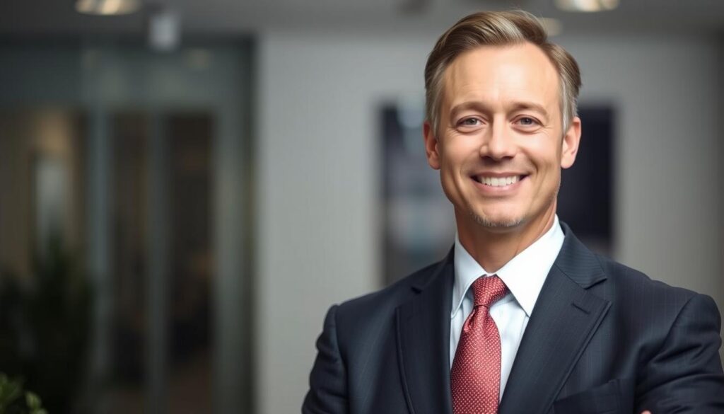 A focused, professional-looking headshot of an SEO expert in Tuscaloosa, Alabama. The subject stands confidently in the foreground, dressed in a well-tailored suit and tie, with a friendly yet authoritative expression. The lighting is soft and flattering, accentuating the individual's features. The background is blurred but suggests an office setting, conveying a sense of expertise and credibility. The overall mood is one of competence, reliability, and trustworthiness - qualities that would be desirable in an SEO service provider.