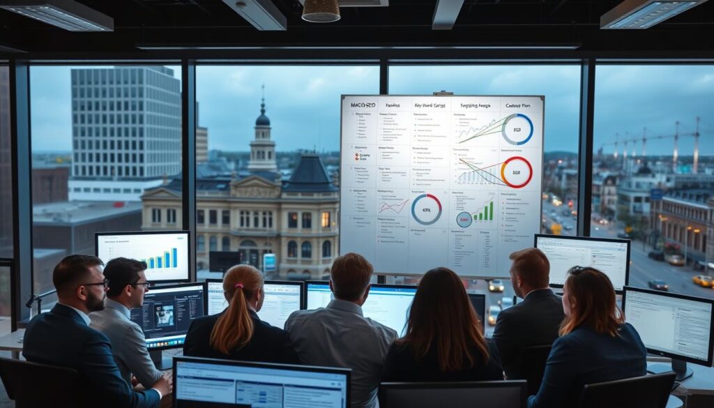 A group of Macon SEO experts gathered in a modern office, surrounded by computer screens and digital analytics dashboards. The foreground features a team of professionals in business attire, engaged in a lively discussion, their faces illuminated by the soft glow of the screens. In the middle ground, a large whiteboard displays intricate SEO strategies and keyword targeting plans. The background showcases the cityscape of Macon, Georgia, with its historic architecture and bustling streets visible through the office windows. The scene conveys a sense of expertise, collaboration, and a deep understanding of the local SEO landscape.
