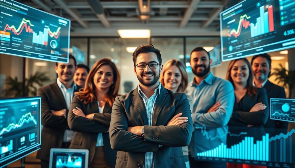 A group of confident, knowledgeable SEO experts stand in a modern office, surrounded by holographic data visualizations and displays showcasing search engine analytics. Warm, focused lighting illuminates their faces, conveying their expertise and dedication to helping local businesses optimize their online presence. The scene is captured with a wide-angle lens, creating a sense of depth and emphasizing the collaborative, tech-savvy environment. An atmosphere of professionalism and innovation pervades the image, reflecting the cutting-edge digital landscape for businesses in Edison, NJ.