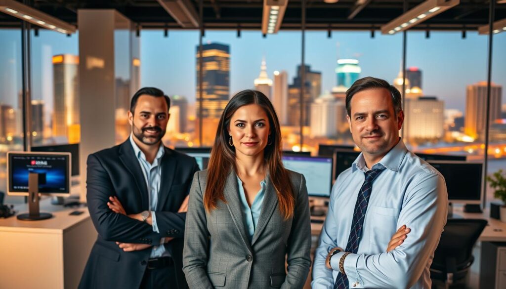 A group of confident, professional-looking SEO experts standing in a modern office in Richardson, TX. The foreground features three individuals in business attire, engaged in a discussion, their expressions serious yet determined. The middle ground showcases a sleek, well-equipped workspace with state-of-the-art technology, including multiple computer screens and branded office decor. The background depicts the cityscape of Richardson, with its distinctive architecture and vibrant, thriving atmosphere. The lighting is warm and inviting, creating a sense of productivity and expertise. The overall scene conveys the comprehensive, high-quality SEO services offered in Richardson, TX.