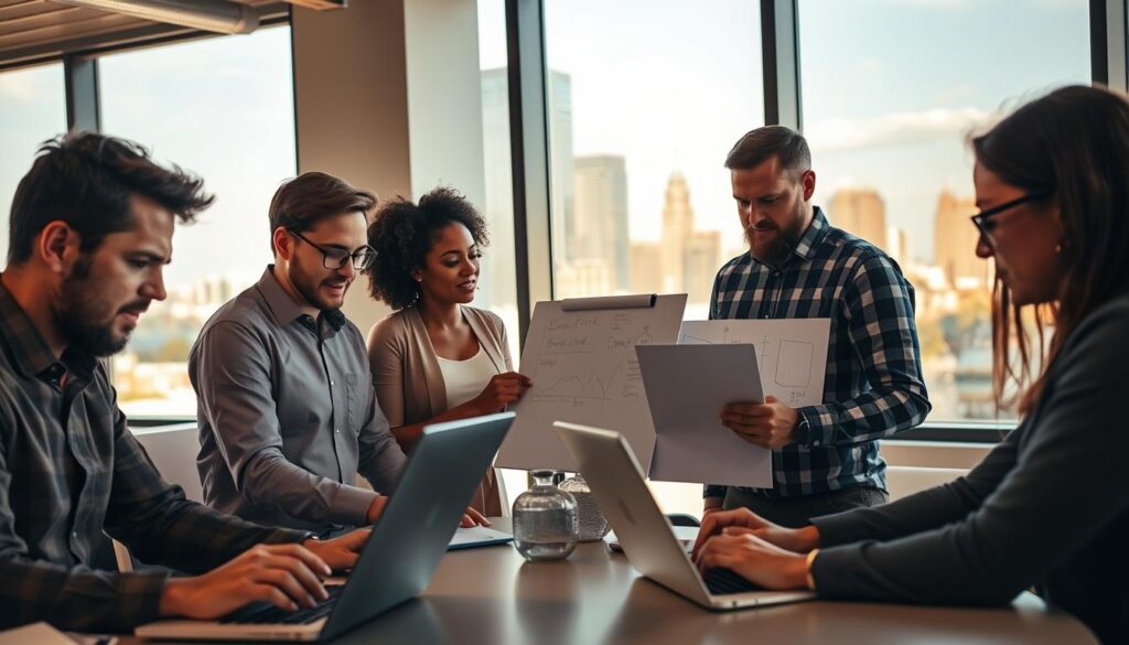 A group of diverse SEO experts gathered in a modern office setting in Rockford, Illinois. The foreground features three professionals intently examining data on their laptop screens, their expressions focused and determined. In the middle ground, two others are engaged in a lively discussion, gesturing animatedly as they collaborate on a whiteboard. The background showcases the city skyline visible through large windows, bathed in warm, natural lighting that filters through. The overall atmosphere conveys a sense of expertise, teamwork, and a dedication to driving successful SEO strategies for local Rockford businesses.