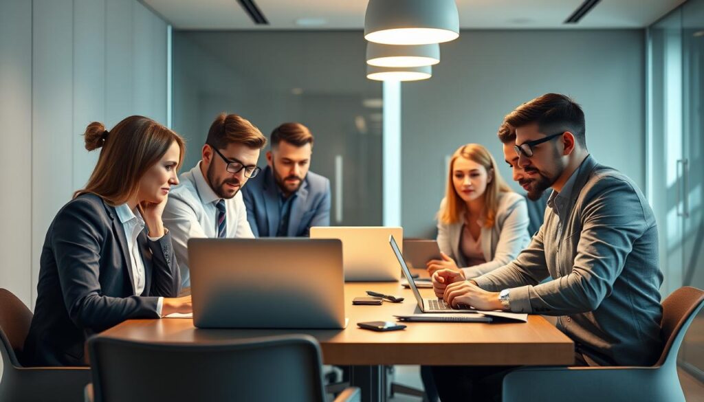A group of local SEO experts, dressed in professional attire, gathered around a conference table, intently discussing strategies and analyzing data on their laptop screens. The lighting is soft and warm, creating a focused and collaborative atmosphere. The background features sleek, modern office decor with minimalist design elements, conveying a sense of expertise and authority. The experts' expressions are engaged and thoughtful, reflecting their deep understanding of search engine optimization and its importance for local businesses in Warren, Michigan.