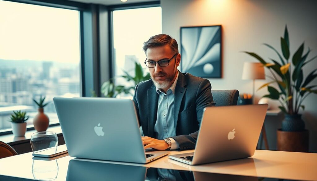 A knowledgeable and accomplished Bellevue SEO expert seated at a sleek, minimalist desk, intently focused on a laptop screen, surrounded by stylish office decor and lush greenery. Warm, directional lighting from a large window casts a subtle glow, creating a professional yet inviting atmosphere. The expert's expression conveys expertise and determination, hinting at the transformative SEO strategies they wield to elevate their clients' online presence. In the background, the cityscape of Bellevue can be seen through the window, symbolizing the expert's deep understanding of the local market and their ability to deliver impactful, tailored solutions.