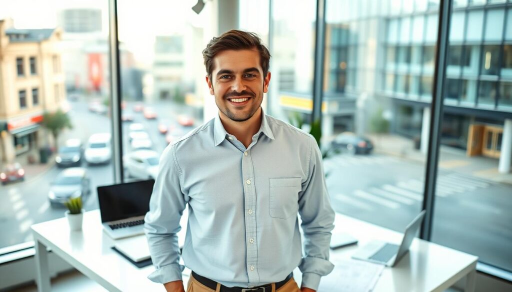 A knowledgeable and confident SEO expert standing in a well-lit, modern office. The foreground shows the expert, a person in their 30s with a friendly expression, dressed in a crisp, button-up shirt and tailored slacks. The middle ground features a laptop, papers, and other professional tools on a sleek, minimalist desk. The background showcases large windows overlooking the bustling streets of Hayward, CA, creating a sense of a thriving, tech-savvy environment. The lighting is soft and natural, accentuating the expert's expertise and approachability. The overall mood conveys a sense of professionalism, competence, and a commitment to helping local businesses succeed through effective SEO strategies.