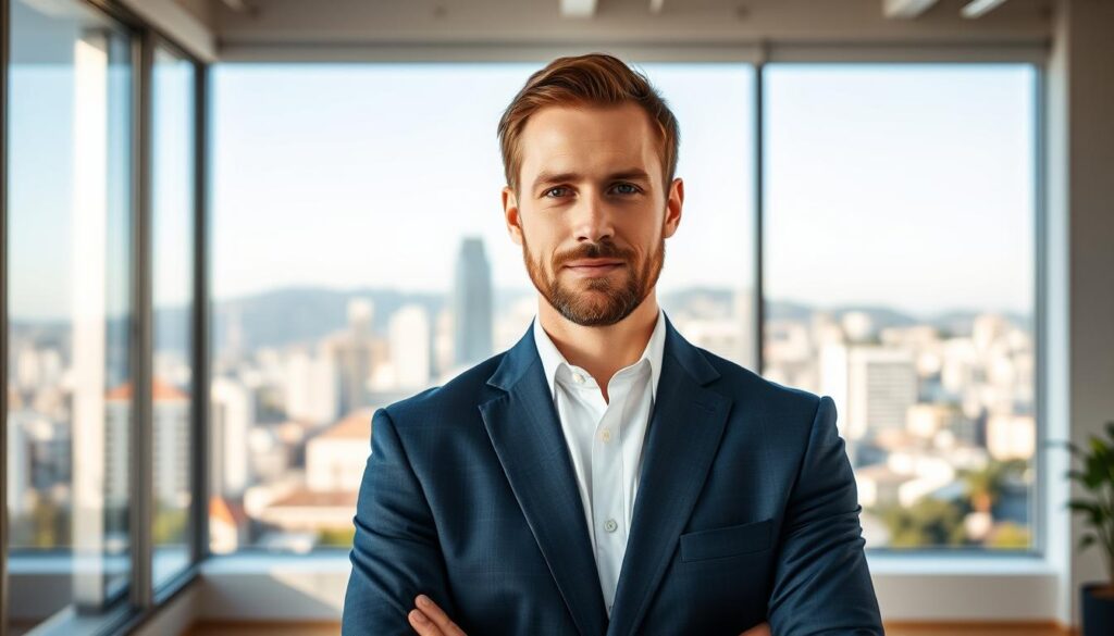 A middle-aged Caucasian man with short brown hair and a neatly trimmed beard, wearing a navy blue suit and a crisp white shirt, standing confidently in a modern and minimalist office space with large windows overlooking the iconic Berkeley cityscape in the background. The lighting is warm and natural, creating a professional and authoritative atmosphere. The man's gaze is direct and engaging, conveying expertise and a deep understanding of search engine optimization strategies tailored for local Berkeley businesses.