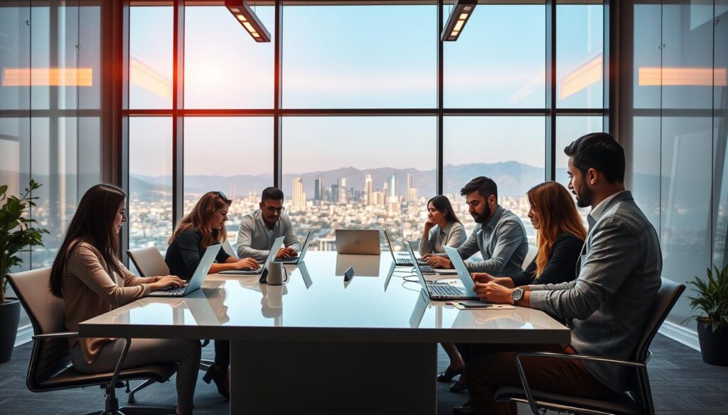 A modern and professional-looking office space, with a large window overlooking the city of Moreno Valley. In the foreground, a group of diverse team members collaborating at a sleek conference table, laptops and notepads in hand. Warm, directional lighting from above casts a subtle glow, creating a productive and creative atmosphere. In the background, the city skyline is visible, reflecting the agency's connection to the local community. The overall scene conveys the expertise, dedication, and client-focused approach of the "Revenue Boomers" SEO agency.