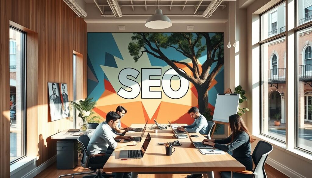 A modern, minimalist SEO agency office nestled in the historic streets of Savannah, Georgia. Sunlight filters through large windows, casting a warm, inviting glow on the sleek, wood-paneled walls and modern, ergonomic workstations. In the foreground, a team of digital marketing experts collaborate at a long, communal table, laptops open and whiteboards filled with insights and strategies. The middle ground showcases a prominent SEO-themed mural, vibrant colors and geometric shapes hinting at the agency's data-driven approach. In the background, the iconic Savannah architecture - ornate ironwork, cobblestone streets, and towering live oak trees - creates a picturesque, Southern backdrop. The overall scene conveys a sense of productivity, innovation, and a deep understanding of the local business landscape.