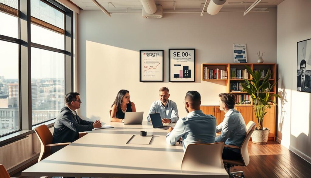 A modern, minimalist office interior with a large window overlooking Providence's cityscape. In the foreground, a professional team of SEO experts sitting around a sleek conference table, engaged in a lively discussion. Soft, warm lighting illuminates the space, creating a relaxed and collaborative atmosphere. The walls are adorned with framed success stories and SEO performance metrics, showcasing the agency's expertise. In the background, a bookshelf filled with industry-relevant publications and a potted plant adding a touch of nature. The overall scene conveys a sense of professionalism, innovation, and a commitment to delivering exceptional SEO services in the heart of Rhode Island.